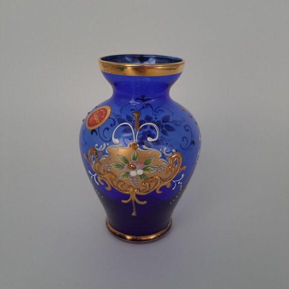 Vintage Murano Hand-Painted Cobalt Blue Glass Vase With Gold Accents & Floral De - Picture 4 of 12